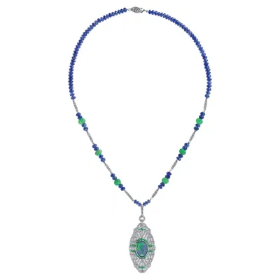 Pre-owned Unbranded Black Opal & Emerald Sapphire And Diamond Art Deco Style White Gold Necklace