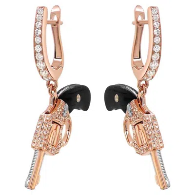 Pre-owned Unbranded Black Wood, White & Fancy Diamond 18k Rose Gold Gun Earrings