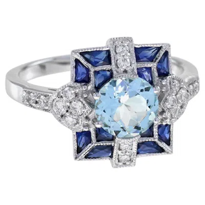 Pre-owned Unbranded Blue Aquamarine & Sapphire And Diamond Art Deco Style White Gold Ring