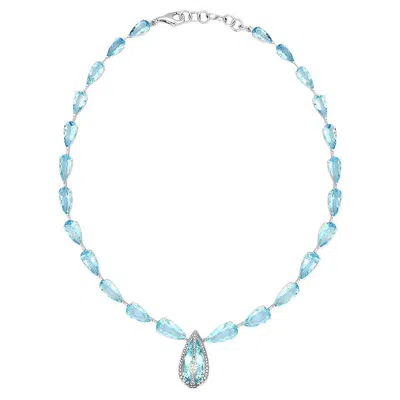 Pre-owned Unbranded Blue Aquamarine & White Diamond 18k White Gold Princess Bib Gemstone Necklace