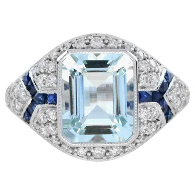 Pre-owned Unbranded Blue Aquamarine Blue Sapphire Diamond Art Deco Style Engagement White Gold Ring