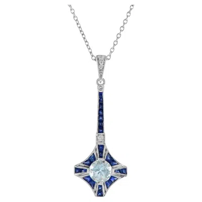 Pre-owned Unbranded Blue Aquamarine Sapphire Diamond Art Deco Style 18k White Gold Pendant Necklace