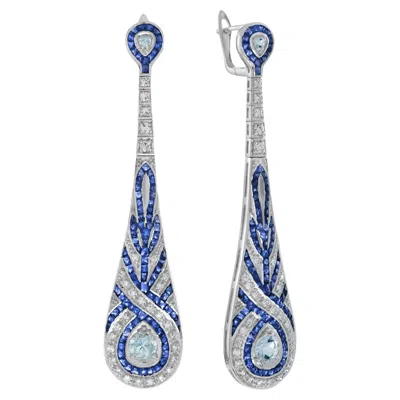 Pre-owned Unbranded Blue Aquamarine Sapphire Diamond Swirl Art Deco Style Dangle White Gold Earrings