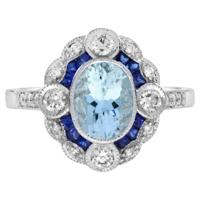 Pre-owned Unbranded Blue Aquamarine Sapphire Diamond Vintage Inspired Art Deco Style White Gold Ring