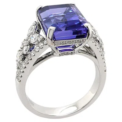 Pre-owned Unbranded Blue Emerald Cut Tanzanite & White Diamond 18k White Gold Ring