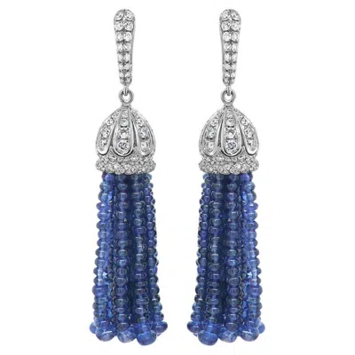 Pre-owned Unbranded Blue Sapphire & Diamond 18k White Gold Tassel Bead Drop Earrings
