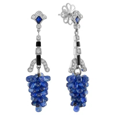 Pre-owned Unbranded Blue Sapphire & Diamond And Black Enamel Grape Cluster 18k White Gold Earrings