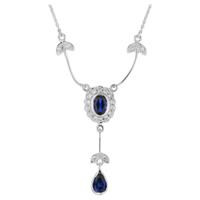 Pre-owned Unbranded Blue Sapphire & Diamond Art Deco Style 14k White Gold Drop Pendant Necklace
