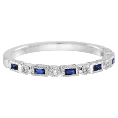 Pre-owned Unbranded Blue Sapphire & Diamond Art Deco Style Band 14k White Gold Ring
