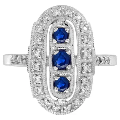 Pre-owned Unbranded Blue Sapphire & Diamond Art Deco Style Three Stone Vintage Inspired Ring