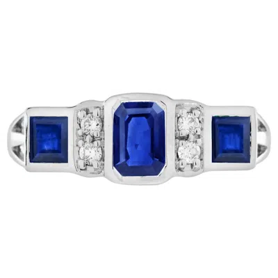 Pre-owned Unbranded Blue Sapphire & Diamond Art Deco Style Three Stone White Gold Ring