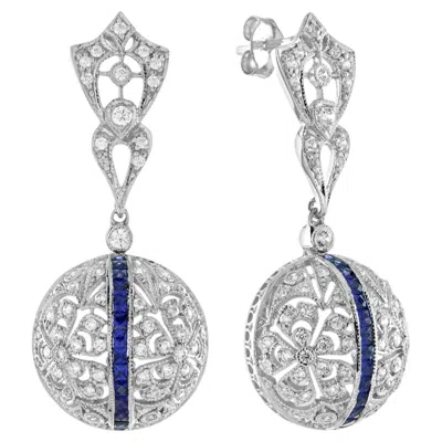 Pre-owned Unbranded Blue Sapphire & Diamond Edwardian Style Openwork Dangle White Gold Drop Earrings