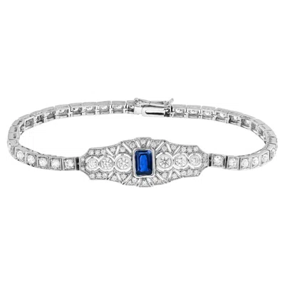 Pre-owned Unbranded Blue Sapphire & Diamond Vintage Inspired Art Deco Style White Gold Line Bracelet