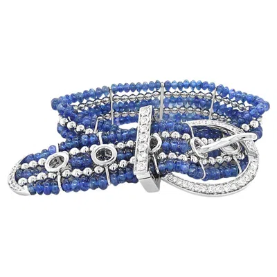 Pre-owned Unbranded Blue Sapphire Beads & White Diamond 18k White Gold Belt Buckle Deco Bracelet