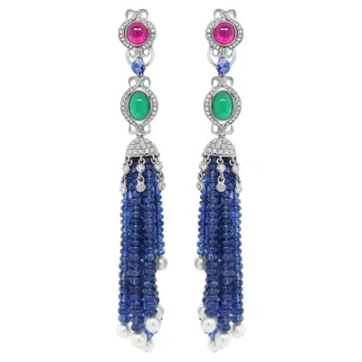 Pre-owned Unbranded Blue Sapphire, Emerald, Ruby & Pearl 18k White Gold Tassel Bead Drop Earrings