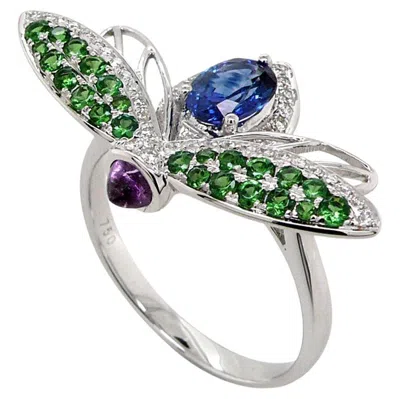 Pre-owned Unbranded Blue Sapphire Green Garnet & Diamond Pave Purple Sapphire White Gold Fly Ring
