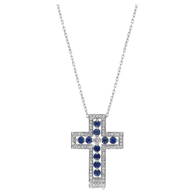 Pre-owned Unbranded Blue Sapphire White Diamond 18k White Gold Cross Pendant Necklace