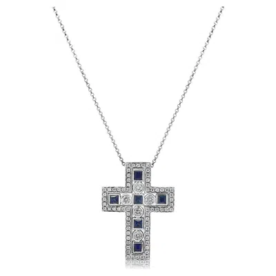 Pre-owned Unbranded Blue Sapphire White Diamond 18k White Gold Cross Pendant Necklace