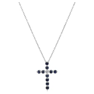 Pre-owned Unbranded Blue Sapphire White Diamond 18k White Gold Cross Pendant Necklace