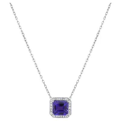 Pre-owned Unbranded Blue Tanzanite & Baguette Diamond Halo Set 18k White Gold Pendant Necklace