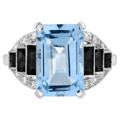 Pre-owned Unbranded Blue Topaz & Black Onyx Diamond Art Deco Style Step Shoulder White Gold Ring