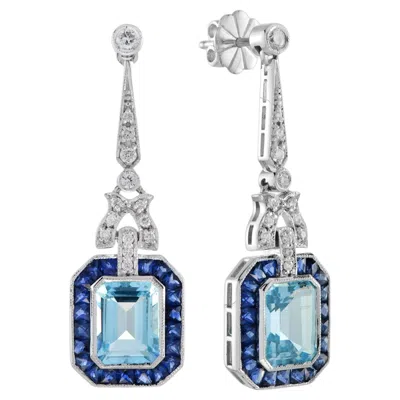 Pre-owned Unbranded Blue Topaz & Sapphire Diamond Art Deco Style Drop 14k White Gold Earrings