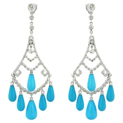 Pre-owned Unbranded Blue Turquoise Fancy Diamond & White Diamond 18k White Gold Chandelier Earrings