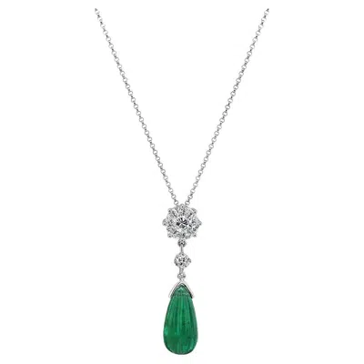 Pre-owned Unbranded Briolette Green Emerald White Diamond 18k White Gold Pendant Necklace