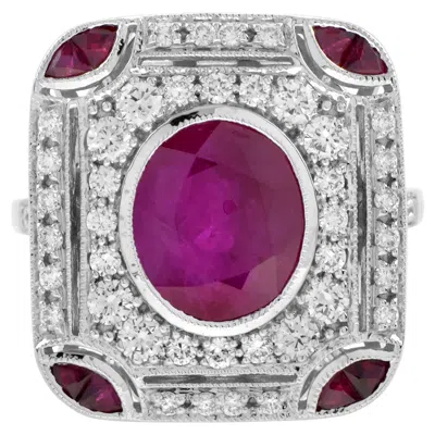 Pre-owned Unbranded Burmese Oval Shape Ruby & Diamond Accent Art Deco Style 18k White Gold Ring
