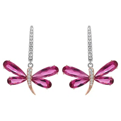 Pre-owned Unbranded Butterfly Diamond Pave Pink Tourmaline 18k Rose & White Gold Animal Earrings