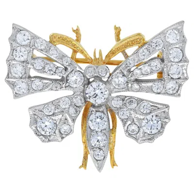 Pre-owned Unbranded Butterfly Shape Diamonds 18k White Yellow Gold Pin Brooch
