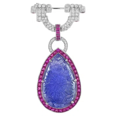 Pre-owned Unbranded Carved Blue Tanzanite & Ruby Diamond Art Deco Style White Gold Pin Brooch