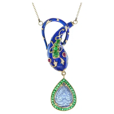 Pre-owned Unbranded Carved Blue Tanzanite Emerald Ruby Enamel Snake 9k Gold Pendant Necklace In Green