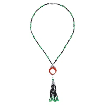 Pre-owned Unbranded Carved Coral Multi Gemstone Art Deco Style Tassel White Gold Necklace