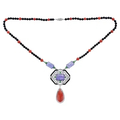 Pre-owned Unbranded Carved Coral Tanzanite Art Deco Style White Gold Necklace