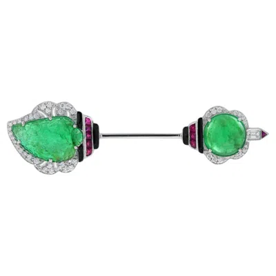 Pre-owned Unbranded Carved Emerald & Ruby Diamond Vintage Inspired Art Deco Style Gold Pin Brooch In Green
