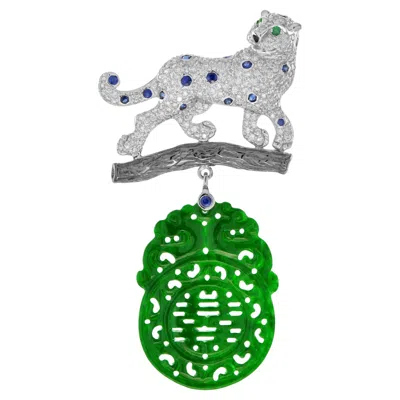 Pre-owned Unbranded Carved Jade Diamond & Blue Sapphire Emerald Onyx Panther White Gold Pin Brooch