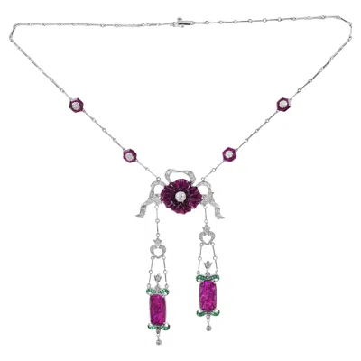 Pre-owned Unbranded Carved No Heated Red Pink Ruby Green Emerald Diamond 18k White Gold Necklace