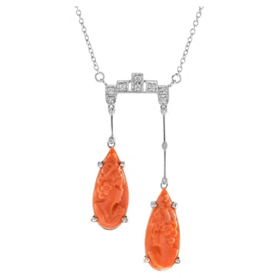 Pre-owned Unbranded Carved Orange Coral & Diamond Antique Style 14k White Gold Pendant Necklace
