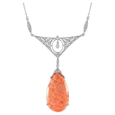 Pre-owned Unbranded Carved Orange Coral & Diamond Antique Style 14k White Gold Pendant Necklace