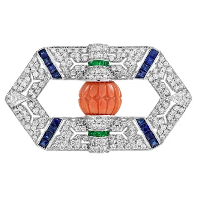 Pre-owned Unbranded Carved Orange Coral Emerald Sapphire & Diamond Antique Style Pin Brooch In Red