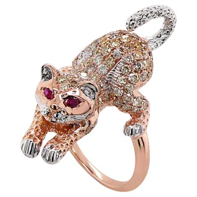 Pre-owned Unbranded Cat Kitten Ruby & Diamond Pave 18k Rose White Gold Animal Ring