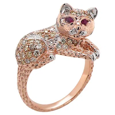 Pre-owned Unbranded Cat Kitten Ruby & Diamond Pave 18k Rose White Gold Animal Ring