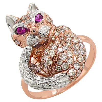 Pre-owned Unbranded Cat Kitten Ruby & Diamond Pave 18k Rose White Gold Animal Ring