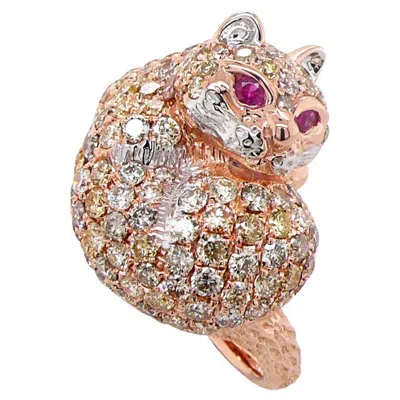 Pre-owned Unbranded Cat Kitten Ruby & Diamond Pave 18k Rose White Gold Animal Ring