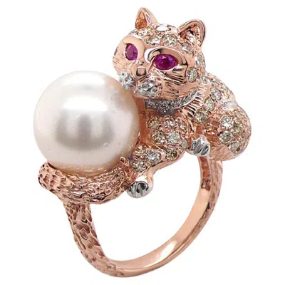 Pre-owned Unbranded Cat Kitten Ruby & Diamond Pave Pearl 18k Rose And White Gold Animal Ring