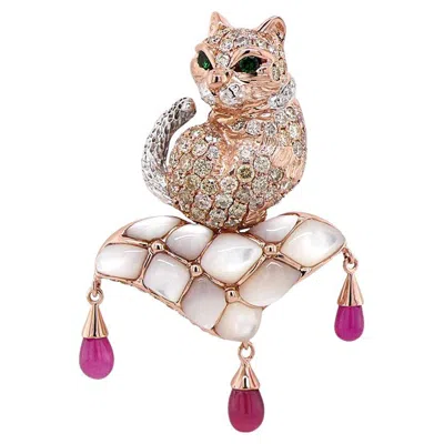 Pre-owned Unbranded Cat Kitten Ruby & Diamond Pave White Pearl 18k Rose Gold Pin Brooch