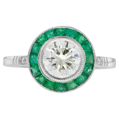Pre-owned Unbranded Certified Diamond & Green Emerald Fancy Art Deco Style Halo Set Platinum Ring