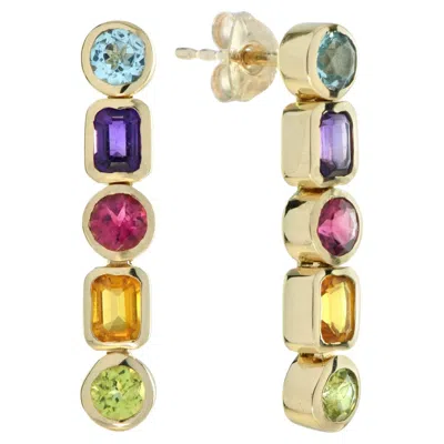 Pre-owned Unbranded Colorful Multi Gemstone Line Drop 14k Yellow Gold Earrings