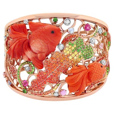 Pre-owned Unbranded Coral Multi-color Sapphire Tourmaline & Diamond Rose Gold Fish Bangle Bracelet In Red